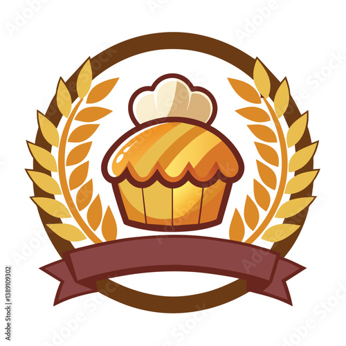 A cartoon illustration of a cupcake with a white frosting swirl, surrounded by a wheat wreath and a brown banner.