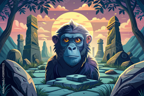 King Monkey sitting among stone relics in an ancient sanctuary, Timeless setting filled with cracked statues and gravel floors