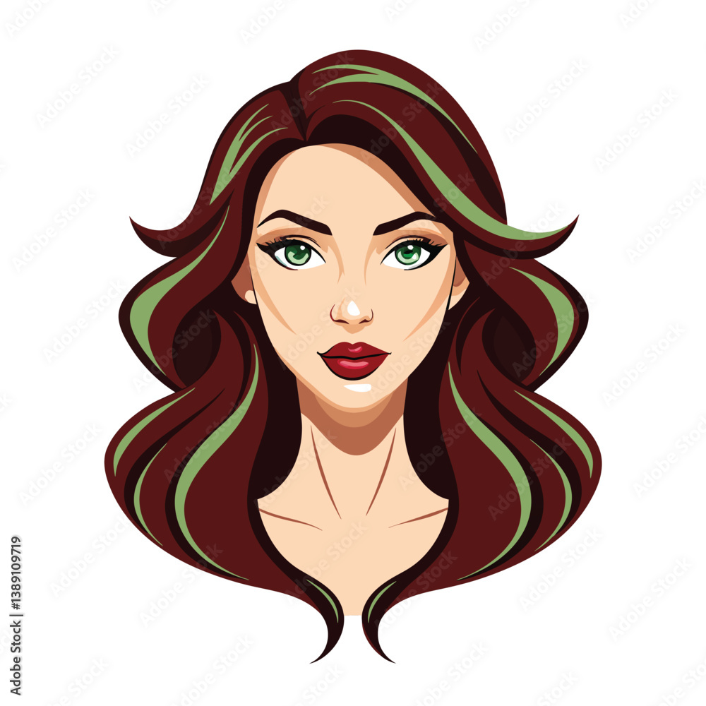 A portrait illustration of a woman with green eyes and wavy brown hair with streaks of green. She has a soft smile and is looking straight at the viewer. A portrait illustration of a woman with green eyes and wavy brown hair with streaks of green. She has a soft smile and is looking straight at the viewer.