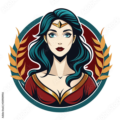 A vector illustration of a woman with long blue hair, a gold headband, and a red dress, surrounded by a laurel wreath.