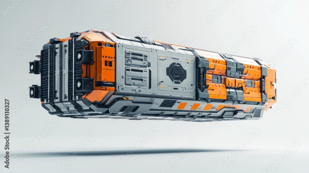 Futuristic space cargo ship design with orange and gray elements floating in a digital environment Futuristic space cargo ship design with orange and gray elements floating in a digital environment