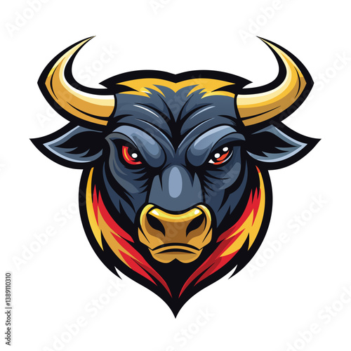 A digital illustration of a bulls head mascot with sharp, angry eyes, a fierce expression, and a gold and red neck collar.