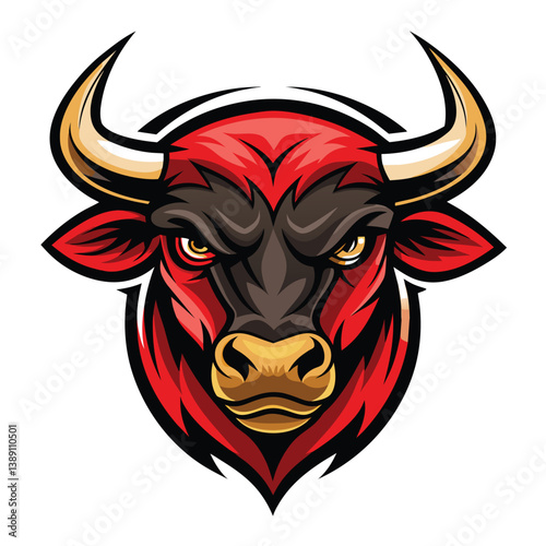A digital illustration of an angry red bull mascot head, with horns, black snout, and menacing eyes, against a white background.