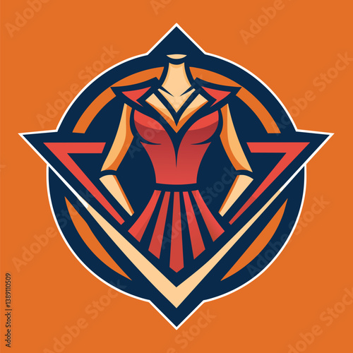This is a vector logo design featuring a headless female figure wearing a red dress. The figure is stylized and placed within a circle and a geometric star-shaped figure.