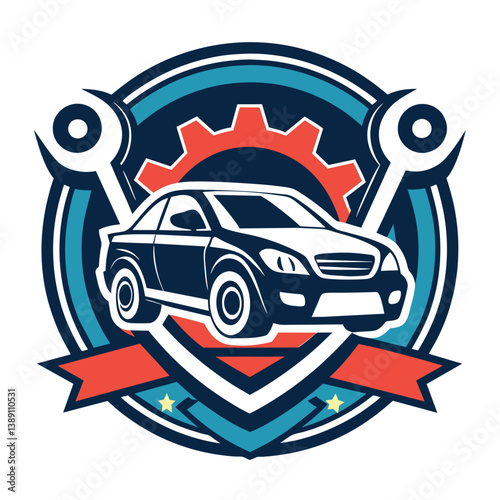 This is a logo design for an automotive repair shop. It features a car in the center, flanked by two wrench icons, a gear, and a red ribbon.