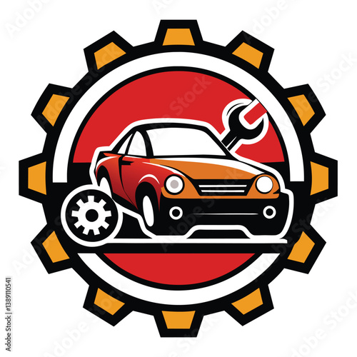 Illustration of a car with an orange body inside a large gear with a wrench on top. The background is a red circle.