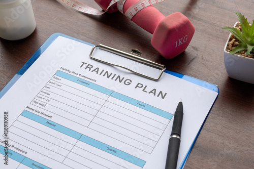 Training plan paper set on clipboard with dumbbell on the side, for gym and exercise themes.