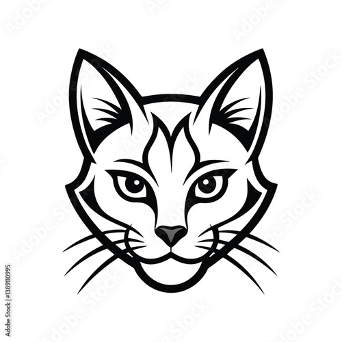 A simple, black and white illustration of a cats head, featuring its sharp eyes, whiskers, and nose.
