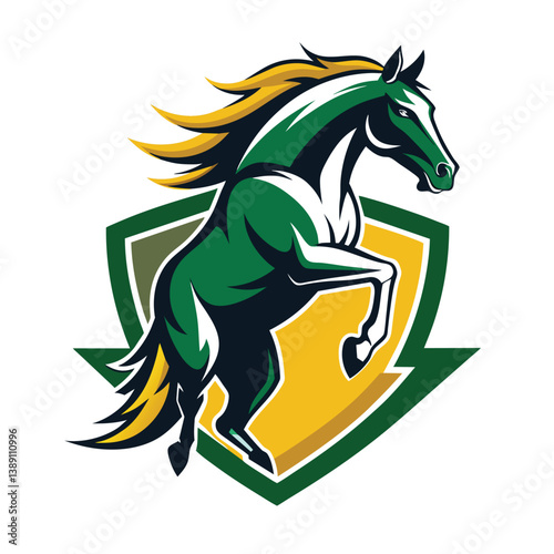 A green and yellow rearing horse mascot with a shield behind it. This is a common logo for sports teams and businesses, and it conveys strength, power, and speed.