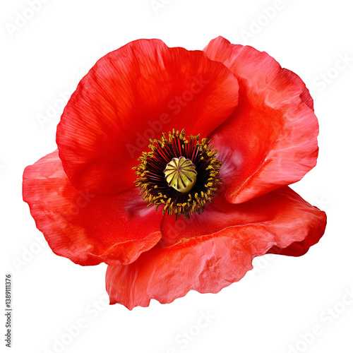Close up of red poppy flower isolated on transparent background