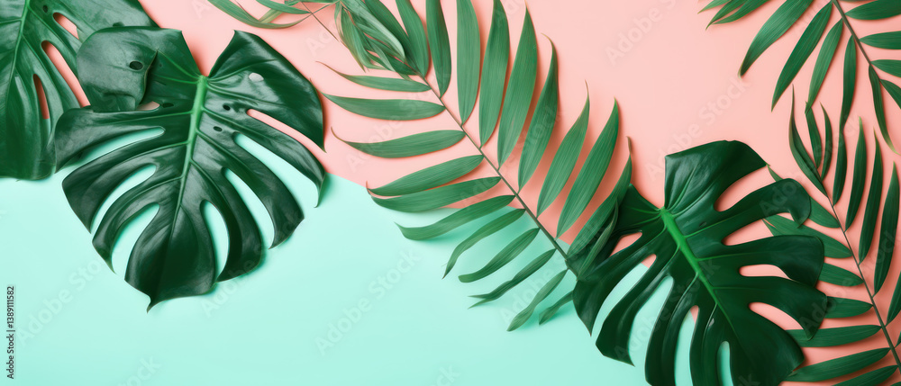 Naklejka premium Tropical green leaves arranged on pastel pink and mint background for summer design concept