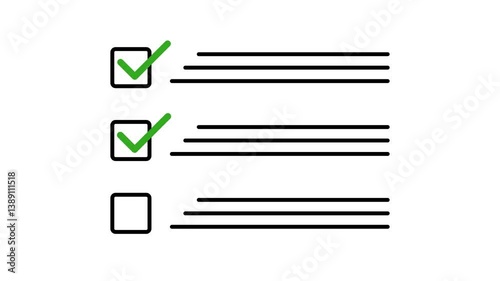 Animated checklist with green ticks appearing in boxes. To-do list animation on white and transparent background with alpha channel. Task completion concept for UI, apps, presentations, business