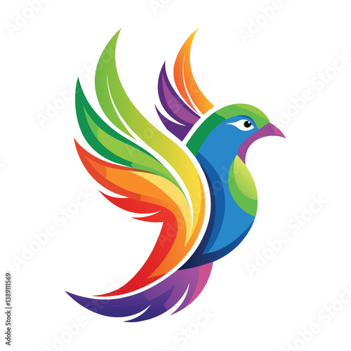 Image of a colorful bird in flight with rainbow-colored wings. Stylized with a bold, graphic design for a visually striking look.