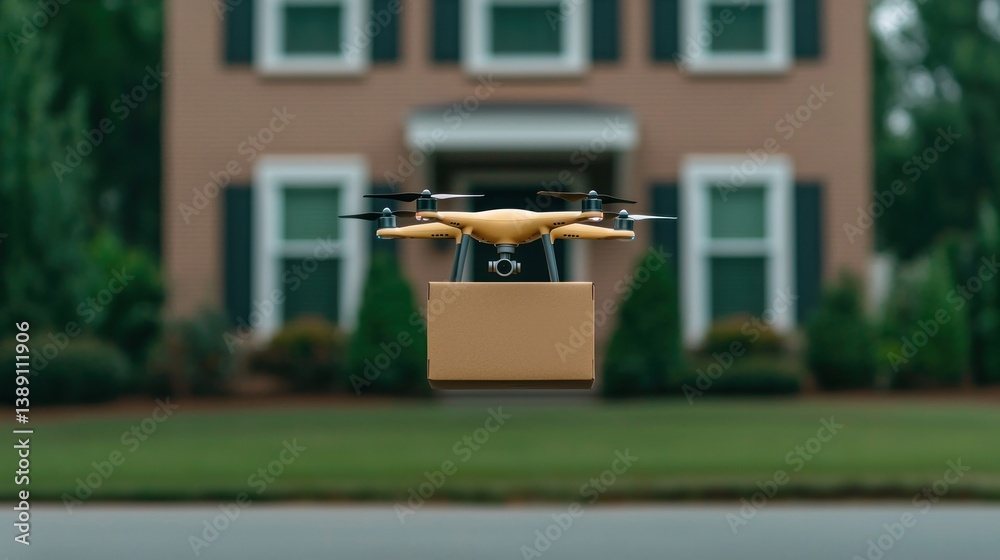 Obraz premium Drone delivery technology banner - package arrival at home urban environment aerial view for modern logistics