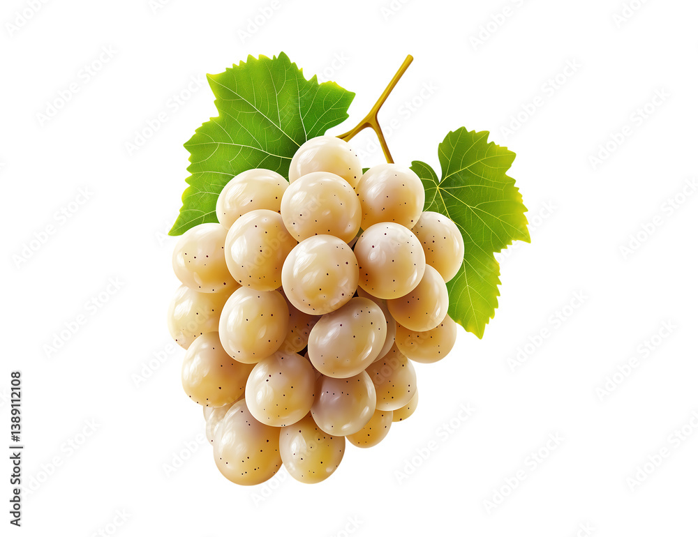 Fototapeta premium Bunch of Grapes and Leaf - Fresh grape cluster with detailed green leaf isolated. Ideal for food posters, ingredient mockups, and organic branding