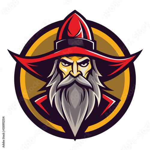 Digital illustration of a wizard with a red hat and long white beard, looking directly at the viewer with a serious expression, set against a white background.