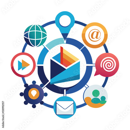 A colorful infographic illustrating an email marketing strategy with multiple channels like social media, search, and video.