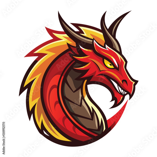 Wallpaper Mural A digital illustration of a red dragon head, featuring sharp scales and horns. It has a fierce expression with a yellow eye and fiery mane. Torontodigital.ca