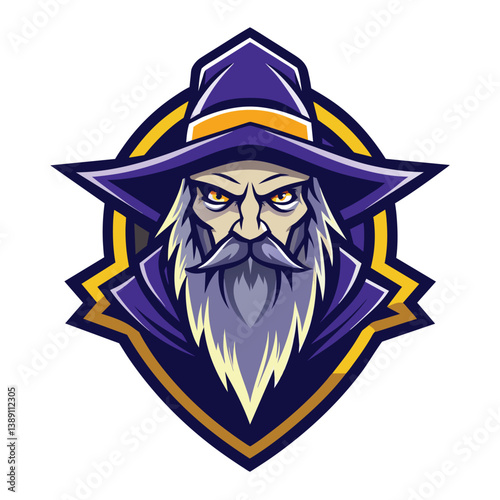 Digital illustration of a wise wizard in a purple hat, long white beard, purple robe, orange band. Serious expression against white background.