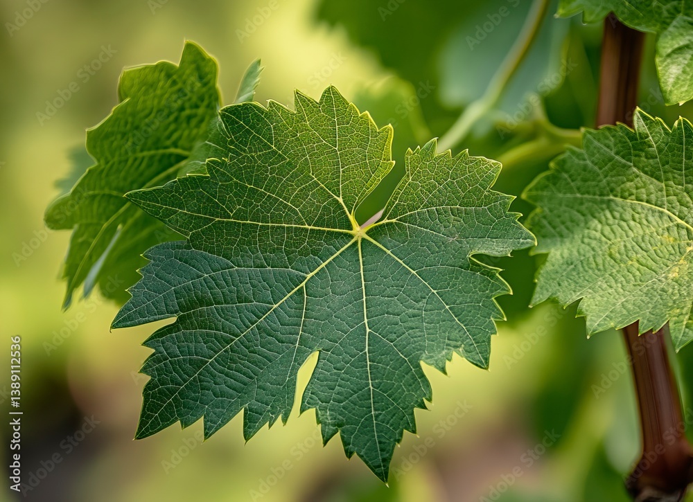 Close-up of a green grape leaf with visible veins, blurred background, macro photography. Stock photo. Close-up of a green grape leaf with visible veins, blurred background, macro photography. Stock photo.