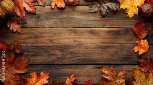 Autumn leaves border on rustic wood (1)
