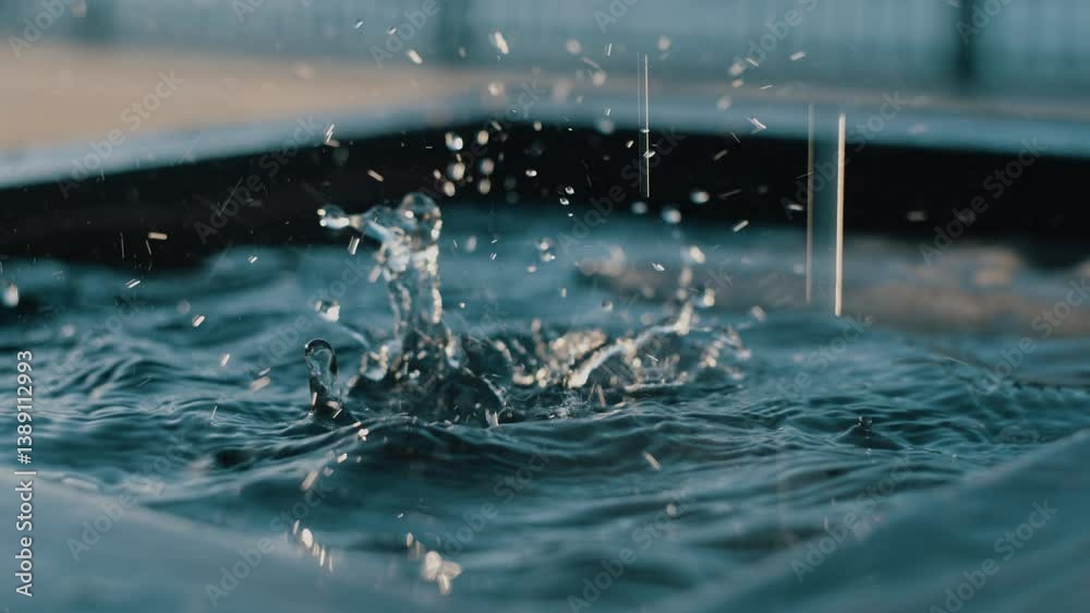 Pristine water droplets cascading into dark, tranquil liquid surface, generating expanding ripples and delicate splashes with mesmerizing slow-motion detail and fluid dynamics