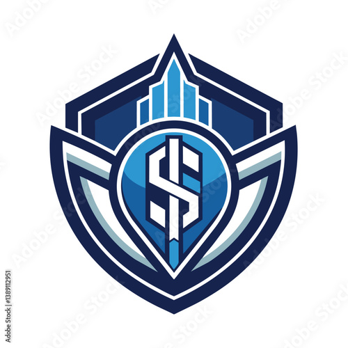 A blue shield logo with a dollar sign in the center, flanked by a cityscape graphic.