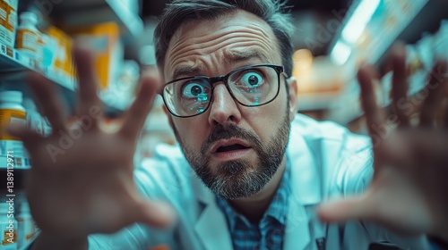 Pharmacist preparing personalized medications in a stateoftheart pharmacy close up, attention on precision, whimsical, composite, pharmacy shelves
