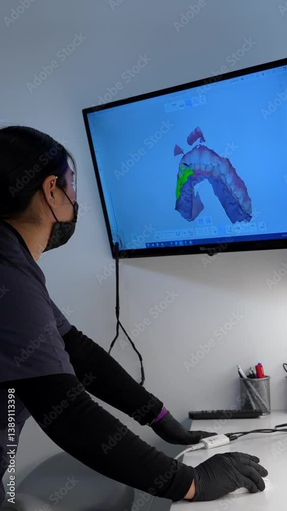 Dentist wearing face mask and gloves analyzing a 3d x ray scan of teeth on a computer screen in a dental clinic