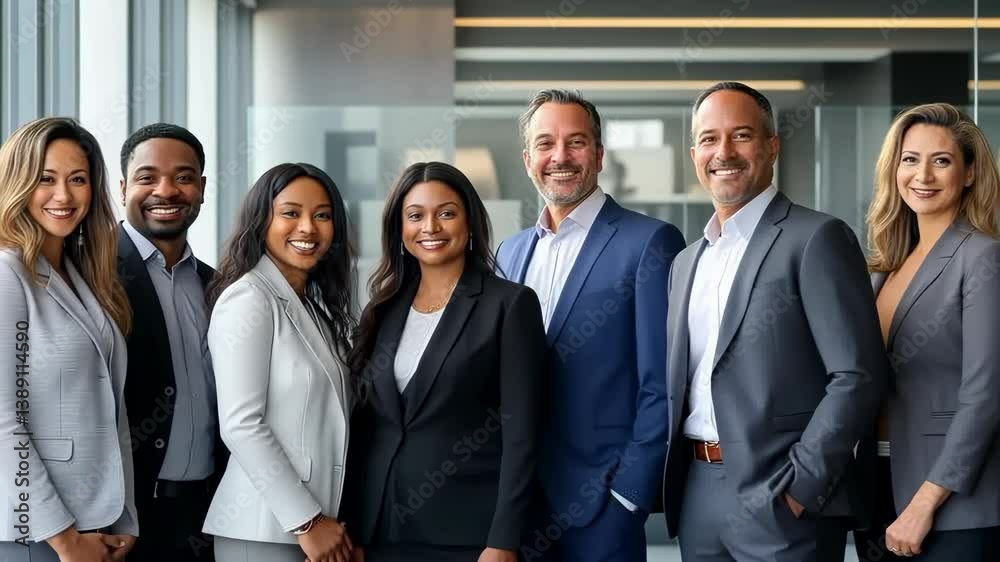 A group of diverse professionals stand together in a modern office setting, dressed in stylish suits. Their confident smiles reflect teamwork and professional success. A powerful visual. A group of diverse professionals stand together in a modern office setting, dressed in stylish suits. Their confident smiles reflect teamwork and professional success. A powerful visual.