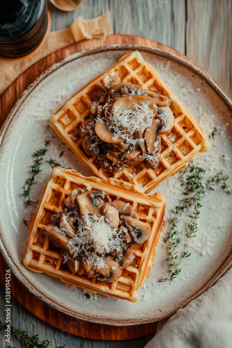 Gourmet Mushroom Waffle on Black Plate