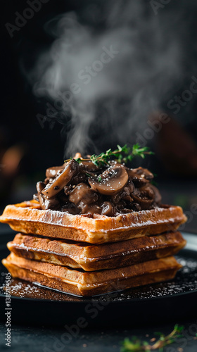 Crispy Waffle Topped with Herb Mushrooms and Cheese