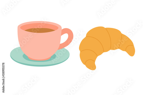 Cartoon cup of coffee with croissant. Cozy breakfast scene in pastel flat style illustration.