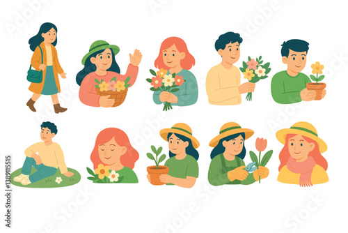 Collection of cartoon people in spring clothes holding flowers, relaxing, gardening and enjoying warm weather.