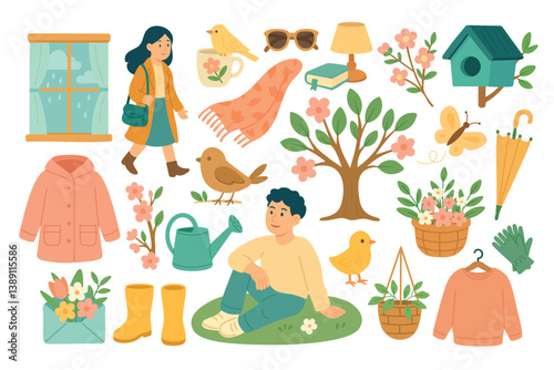 Cute spring clipart collection with people, flowers, birds, clothes, plants, tree and umbrella.