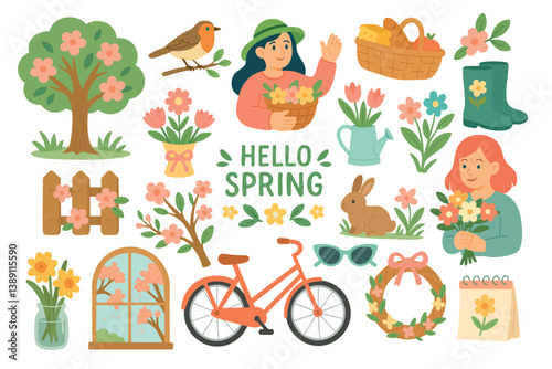Bright spring set with flowers, tree, bicycle, bunny, watering can, people and decorations.