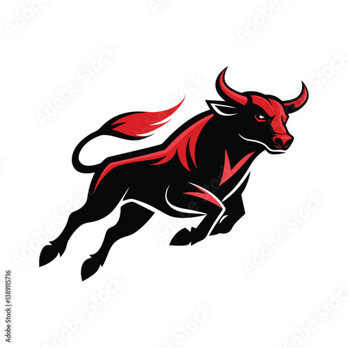 A black and red bull leaps forward with its tail swishing behind it. This illustration features a powerful, muscular bull.