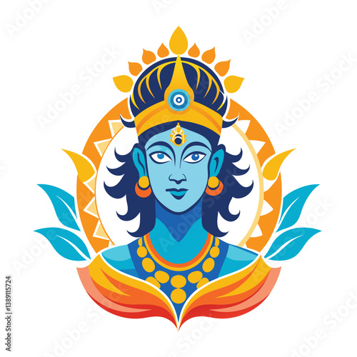 This colorful illustration depicts Krishna, a Hindu deity, with a blue face, a crown, and a necklace. The background features a sun and leaves, symbolic of his divinity.