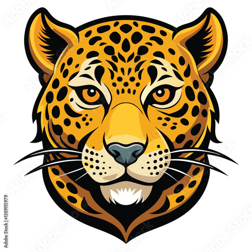 Close-up digital illustration of a leopards head with yellow and black spotted coat, large round ears, bright yellow eyes, mouth slightly open. Fur detailed with visible spots.