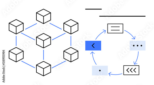 Connected cubes illustrate blockchain network and arrows form a circular flow diagram, showing data and processes. Ideal for blockchain, technology, decentralization, process, flow, data management