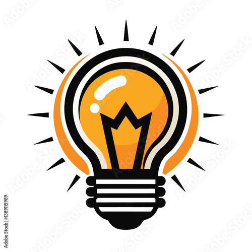 A bright yellow light bulb with a crown-shaped filament and a black outline, set against a white background with a radiating black starburst behind it.