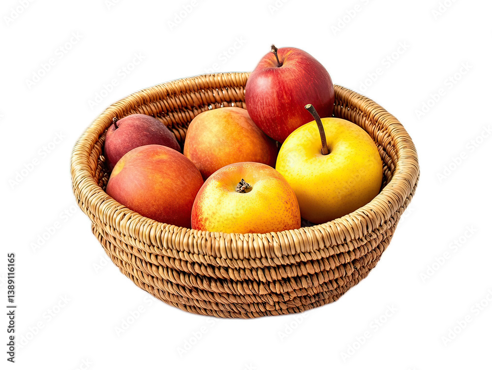 Handwoven reed basket for fruit storage with air circulation gaps, traditional crafting technique, kitchen organizer on white background Handwoven reed basket for fruit storage with air circulation gaps, traditional crafting technique, kitchen organizer on white background