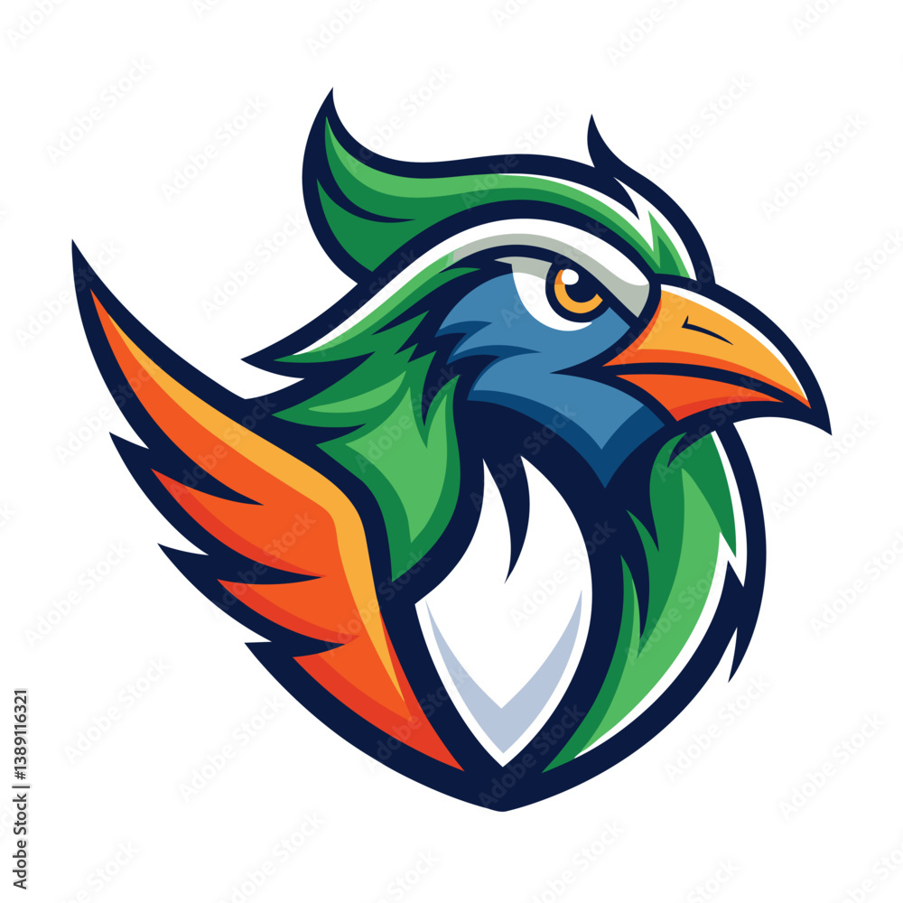 A digital illustration of a bird mascot logo design featuring a green head, orange wing, and blue face. A digital illustration of a bird mascot logo design featuring a green head, orange wing, and blue face.