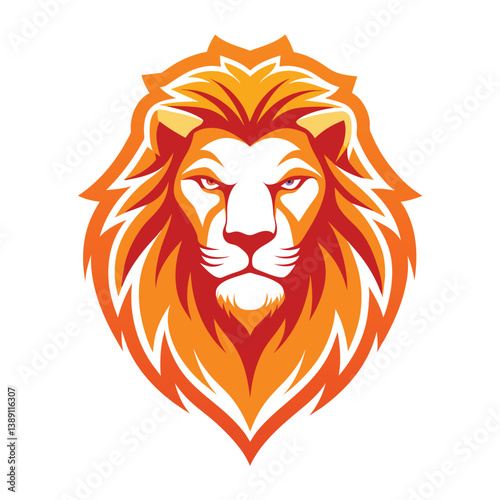 A digital illustration of a lion head in orange and red colors, facing forward, with a white background.