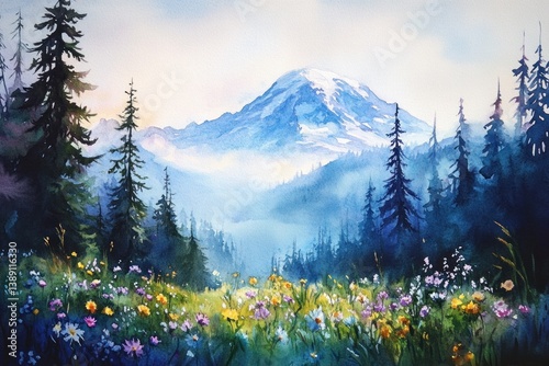 A beautiful watercolor painting of a mountain landscape and flowers