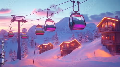 Colorful ski cabin lift for mountain skiers and snowboarders moves in the air on a cableway,ski resort with snowy hill,Skiing and snowboarding,Active vacation weekend,Winter holiday.