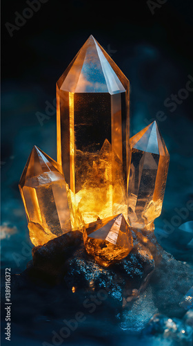 Golden citrine scepter crystals emerge from the rock below - mobile wallpaper background