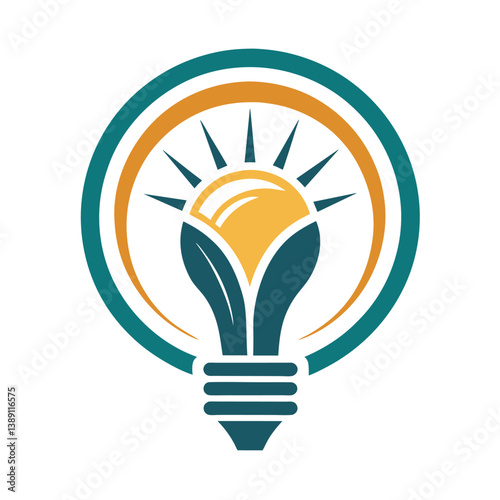 A simple and modern illustration of a lightbulb with green and yellow colors, featuring sun rays and a circle, symbolizing ideas, energy, or innovation.