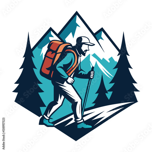 A bearded man with a backpack and hat is hiking up a mountain with a walking stick. Trees line the path as mountains loom in the background.