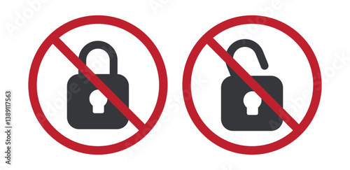 Bundle prohibition sign locked and unlock padlock, for security, protection, safety graphic element